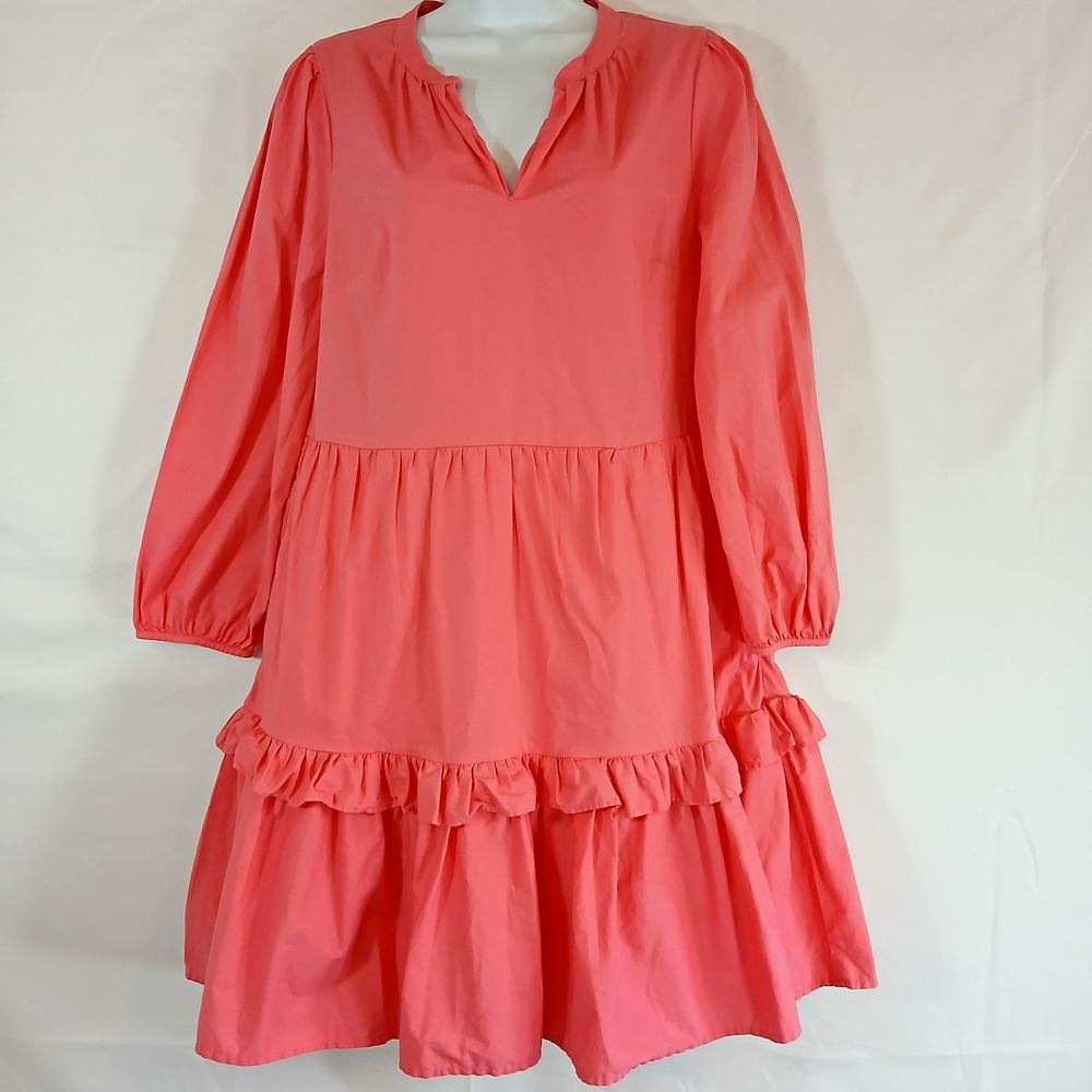 j.crew dress Pink Solid V-Neck puff Sleeve Ruffle Tiered Knee Sz S western fall